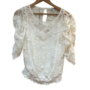 Express Lace Sheer Puff Sleeve Smocked Waist Blouse Ivory Women's XL
